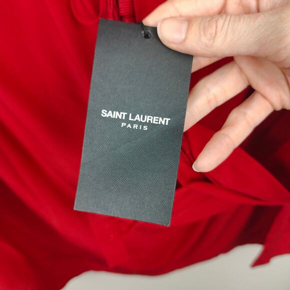 Saint Laurent Blouse Womens FR 40 US 8 Red Silk Puff Sleeve Drawstring Neckline - Picture 8 of 13